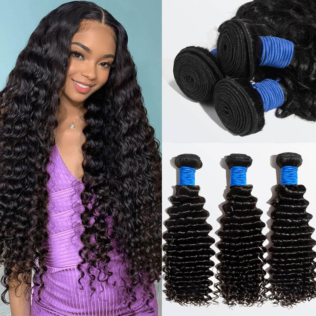 Ms. Luxury 10-30 Inch Deep Curly Brazilian Virgin Hair Bundles #1B