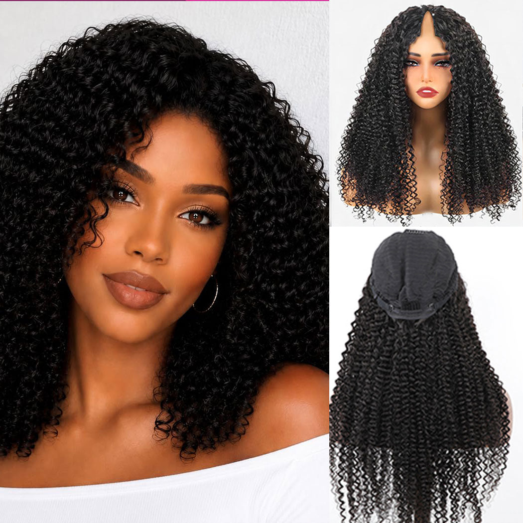 Ms. Luxury 10A 180% Average Size V Part Wig Kinky Curly Natural Black