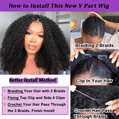 Ms. Luxury 10A 180% Average Size V Part Wig Kinky Curly Natural Black
