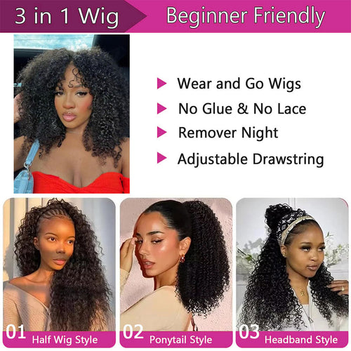 Ms. Luxury 10A 180% Average Size Half Wig Kinky Curly Natural Black