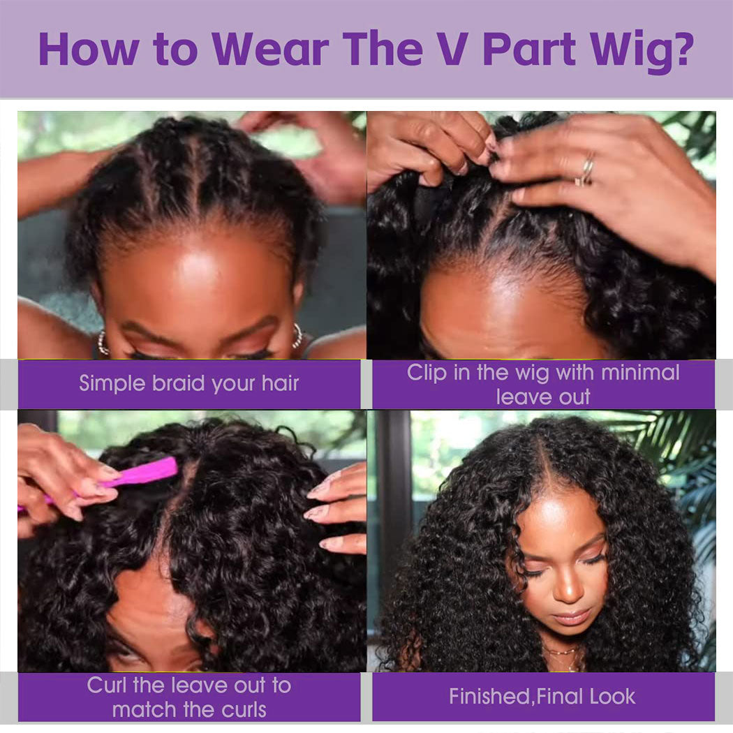 Ms. Luxury 10A 180% Average Size V Part Wig Kinky Curly Natural Black