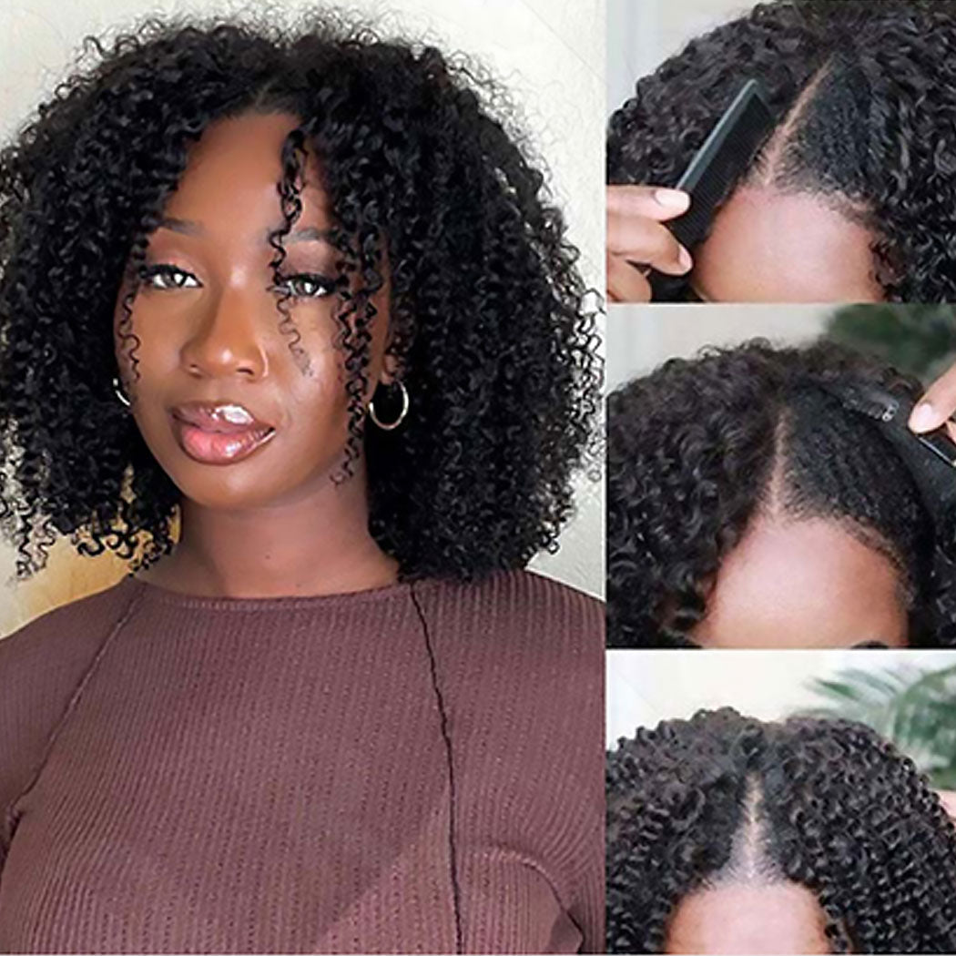 Ms. Luxury 10A 180% Average Size V Part Wig Kinky Curly Natural Black