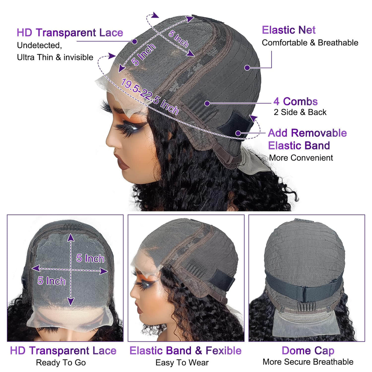 Ms. Luxury 5"x5" Curly Bob Wig Transparent Lace Closure Wig #1B