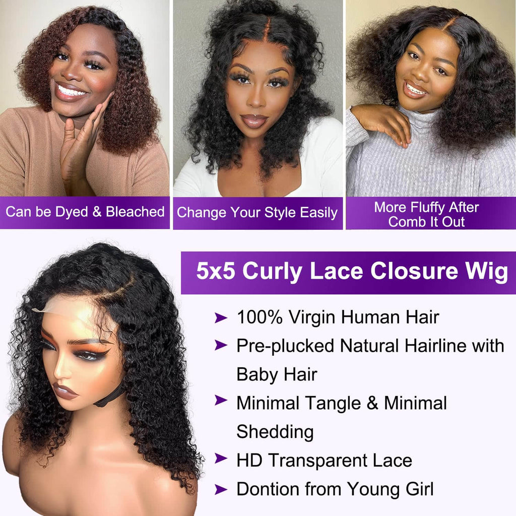 Ms. Luxury 5"x5" Curly Bob Wig Transparent Lace Closure Wig #1B