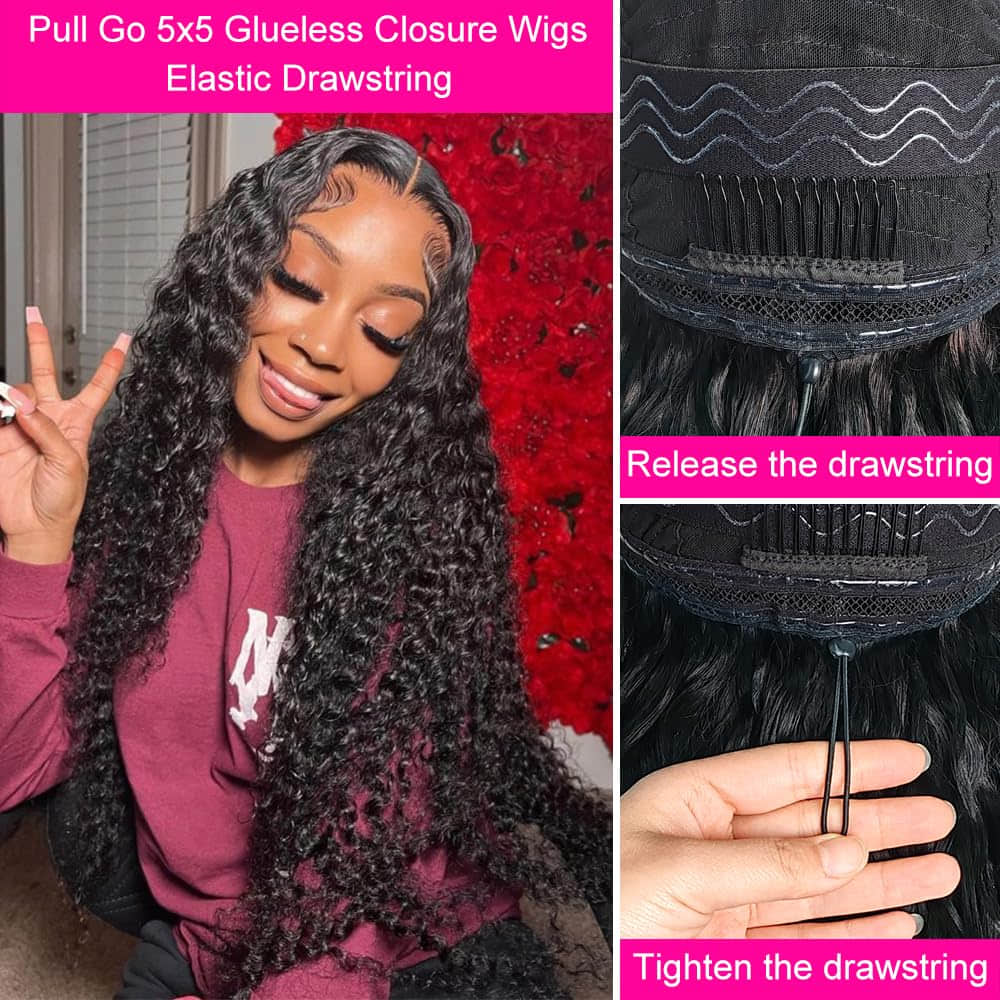 Ms. Luxury 5"x5" Deep Wave Transparent Glueless Lace Closure Wig #1B