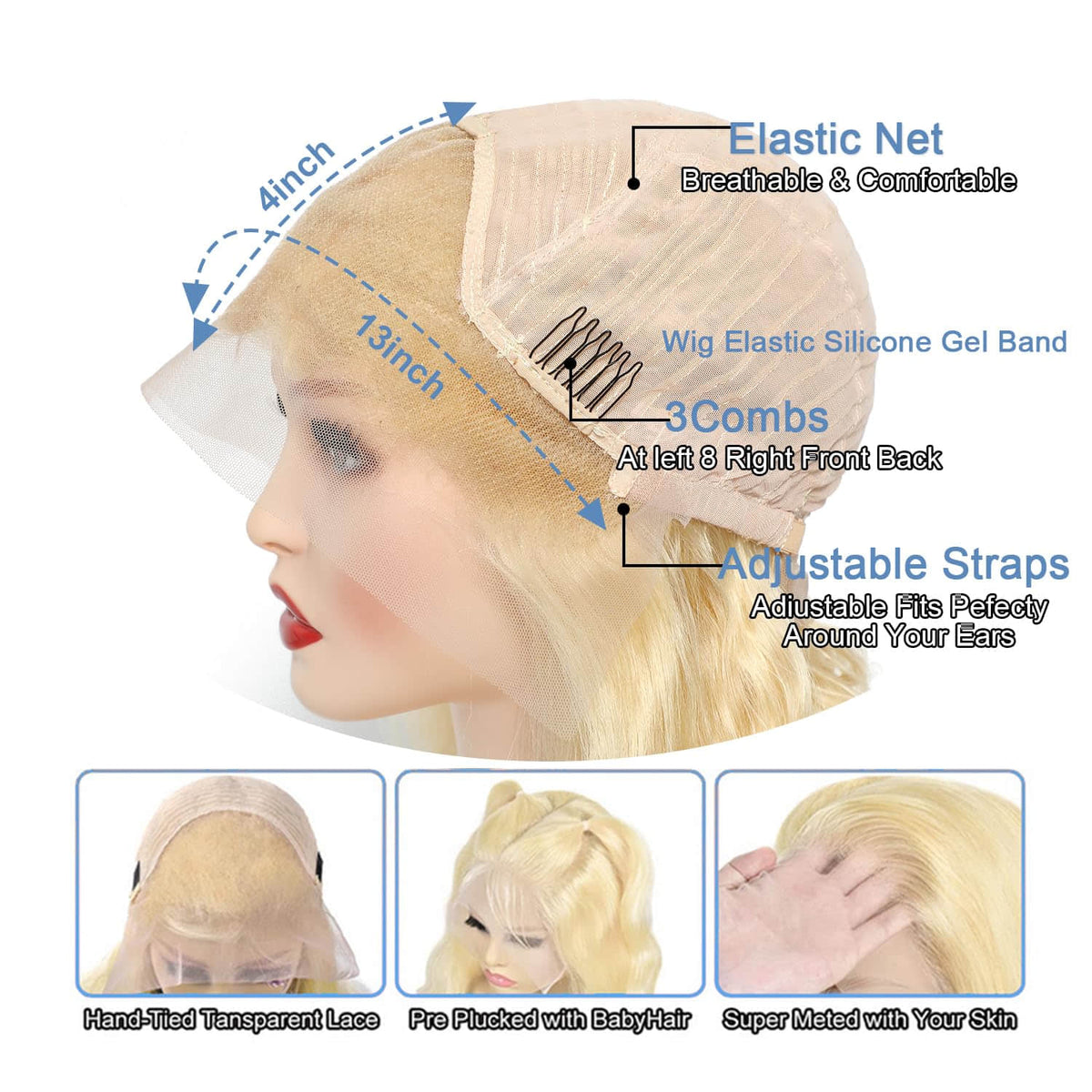 Ms. Luxury #613 Blonde 13"x4" Body Wave Transparent Lace Frontal Wigs 150%