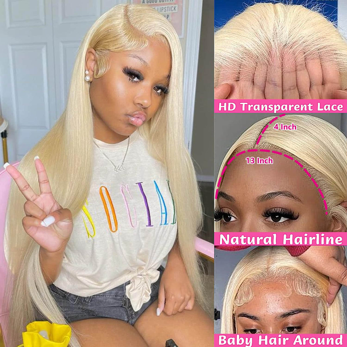 Ms. Luxury #613 Blonde 13"x4" Straight Transparent Lace Frontal Wigs 150%