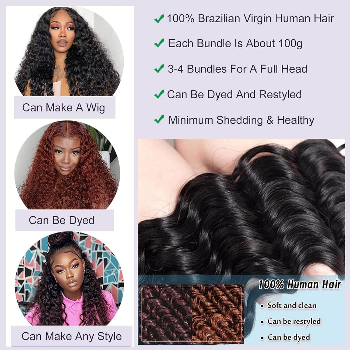 Ms. Luxury 10-30 Inch Deep Wave Brazilian Virgin Hair Bundles #1B