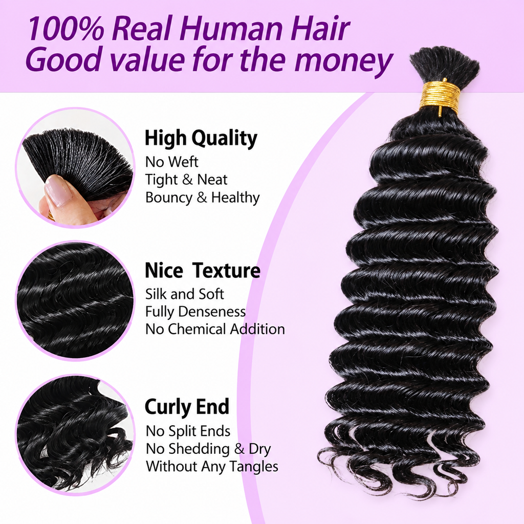 Ms. Luxury 14-24 Inch Deep Wave Hair Bulk Hair for Braiding #1B