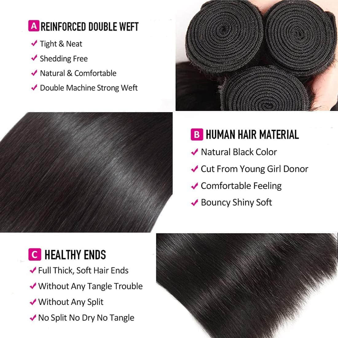Ms.Luxury 10-30 Inch Straight Brazilian Virgin Hair Bundles #1B