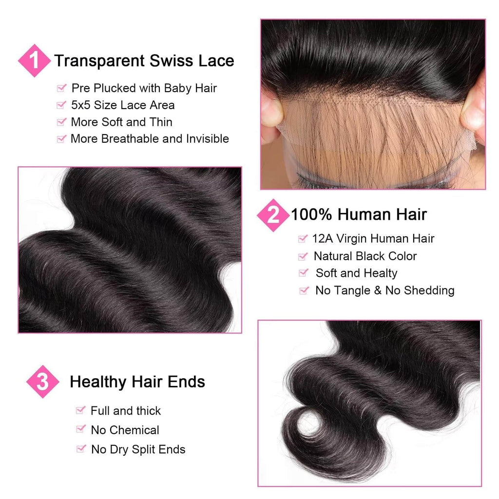 Ms. Luxury 12-20 Inch 5"x5" Transparent Lace Closure Body Wave #1B