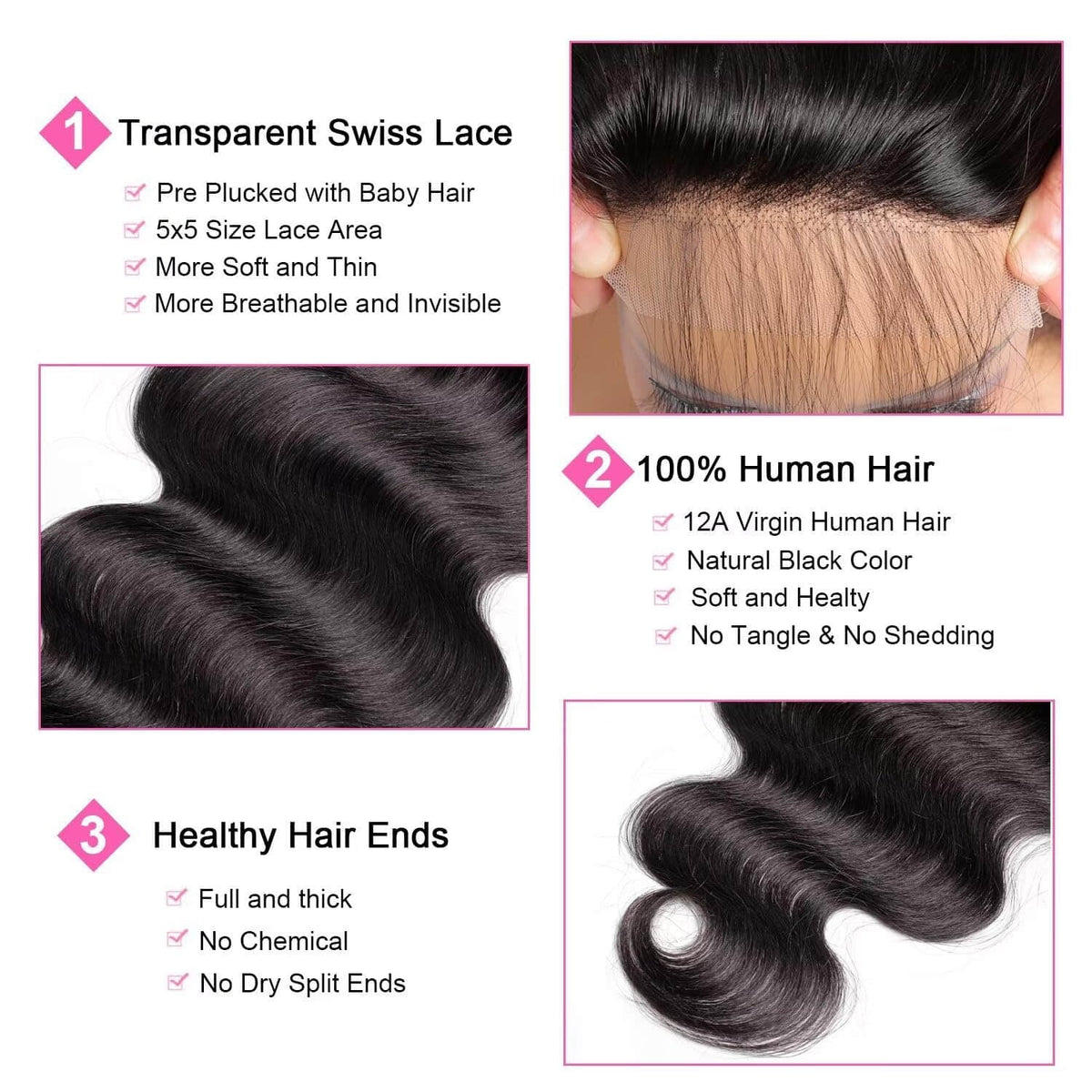 Ms. Luxury 12-20 Inch 5"x5" Transparent Lace Closure Body Wave #1B
